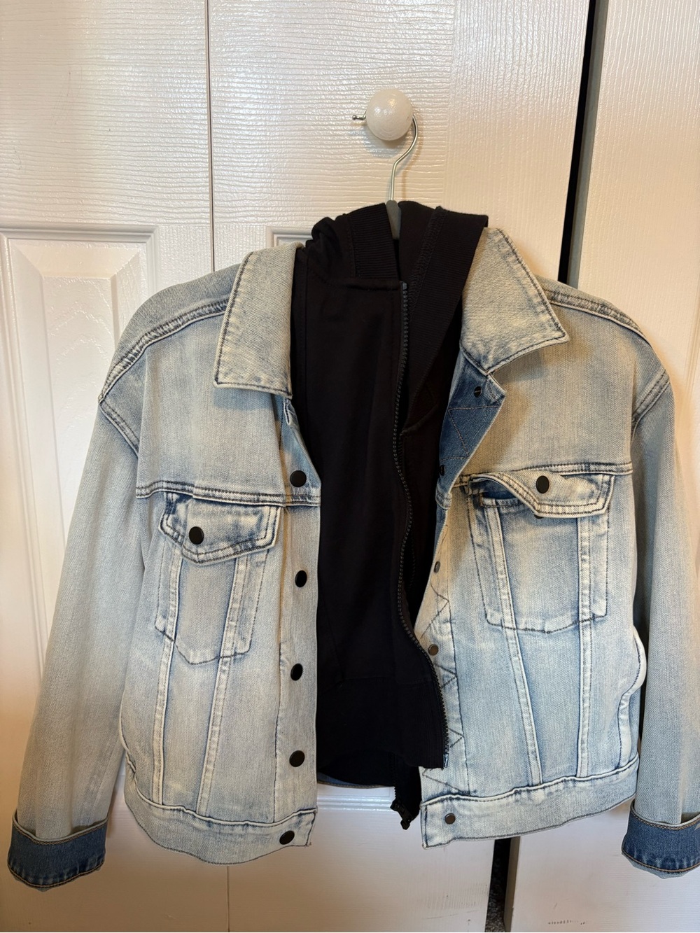 Athleta Light Wash Denim Jacket with Black Hoodie Liner